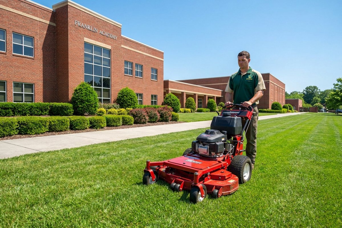 Landscaping crew mowing and trimming grounds at a commercial apartment community property in Greater Binghamton NY in summer