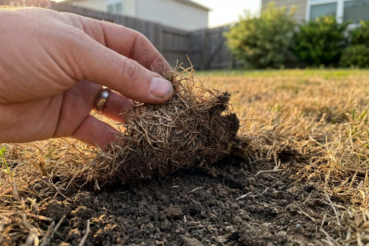 Homeowner inspecting spongy, grub-damaged lawn patches in a Vestal NY backyard during July grub season